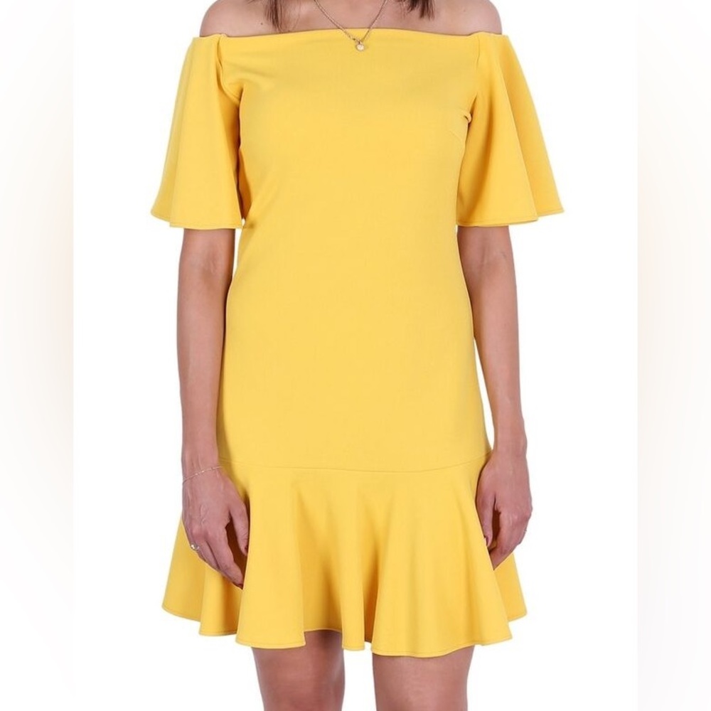 zack london yellow off shoulder frill detail mini dress